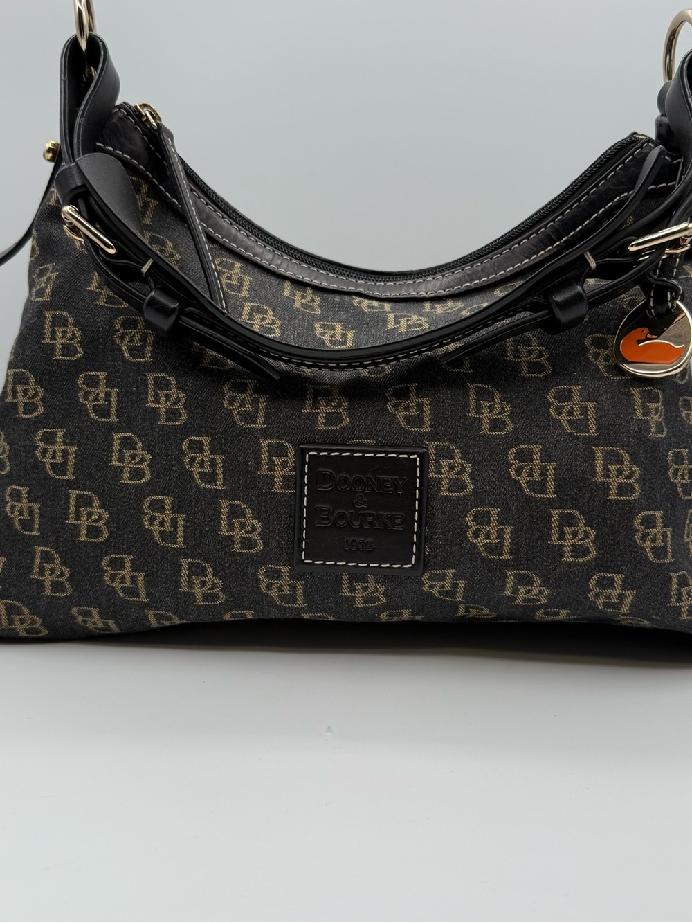 Vintage Dooney & Bourke DB Monogram Hobo Bag Black Pink Lining Duck Charm Y2K